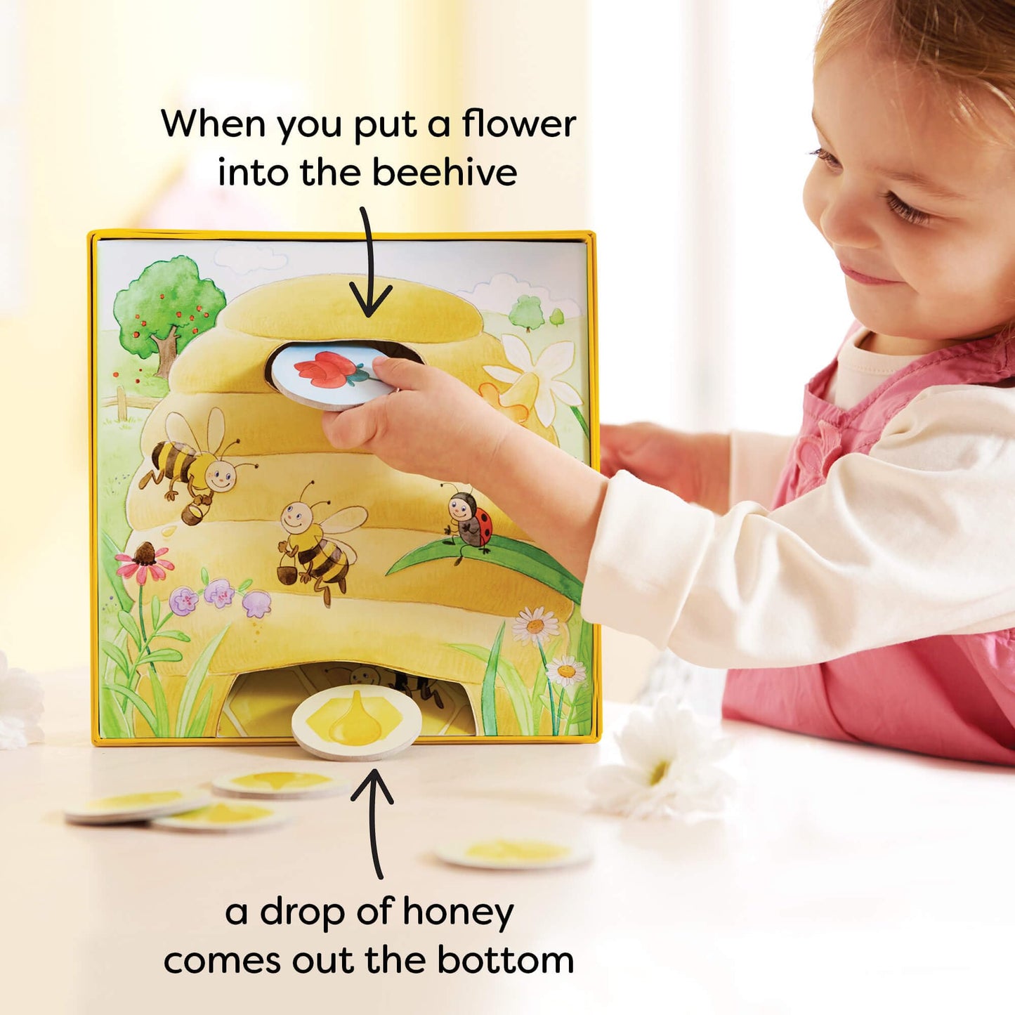 HABA My Very First Games - Hanna Honeybee, 2 Cooperative Color Games for Toddlers, Wood, Yellow/Multi-colored, Model 302199