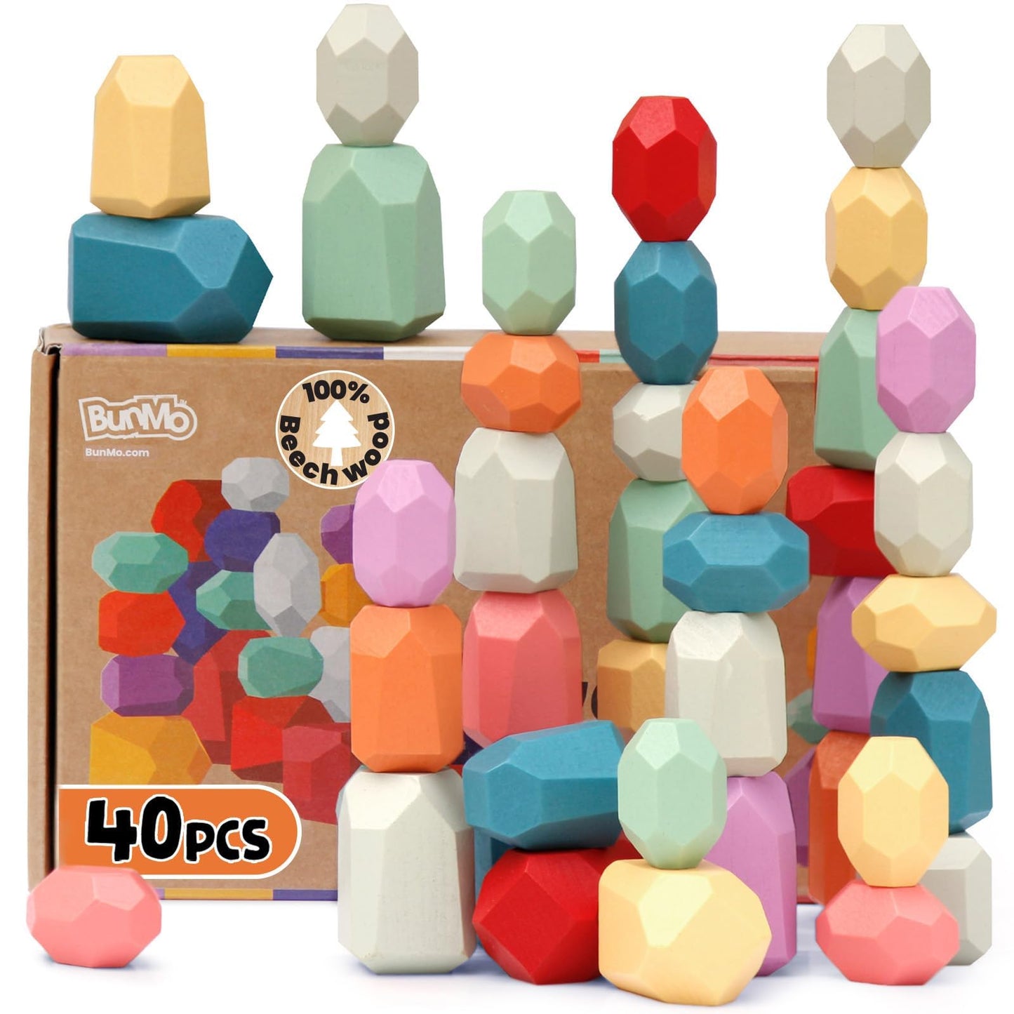 Bunmo 40Pcs Wooden Stacking Blocks - Montessori Toys 3 Years Old - Easter Basket Stuffers For Toddlers 3+ - Fun Stacking Toys For 3+ Years - Easter Gifts For Toddlers 3+ - Round Edges (Non Mouthable)