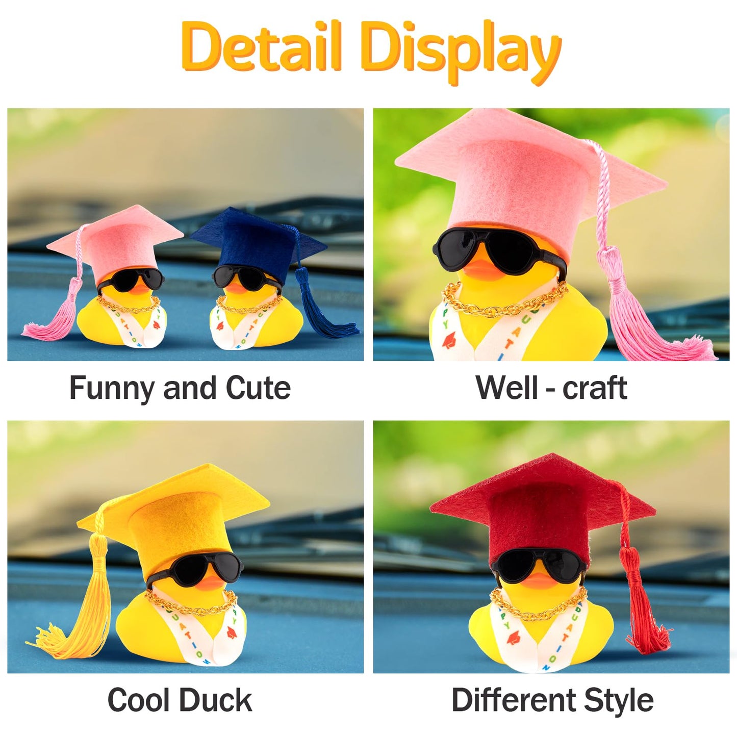 wonuu 2025 Car Dashboard Decorations Rubber Ducks, Car Ornament Ducky with Graduation Hat, Glasses, Necklace, Sash, for Doctor,