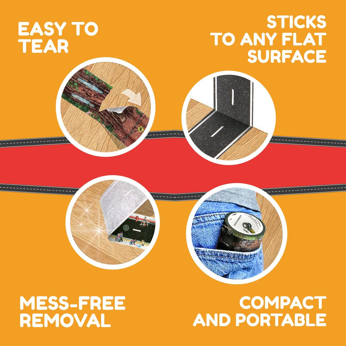 Playtape Variety Pack Road Tape For Toy Cars - Sticks To Flat Surfaces, No Residue, 2 In. X 30 Ft. Roll
