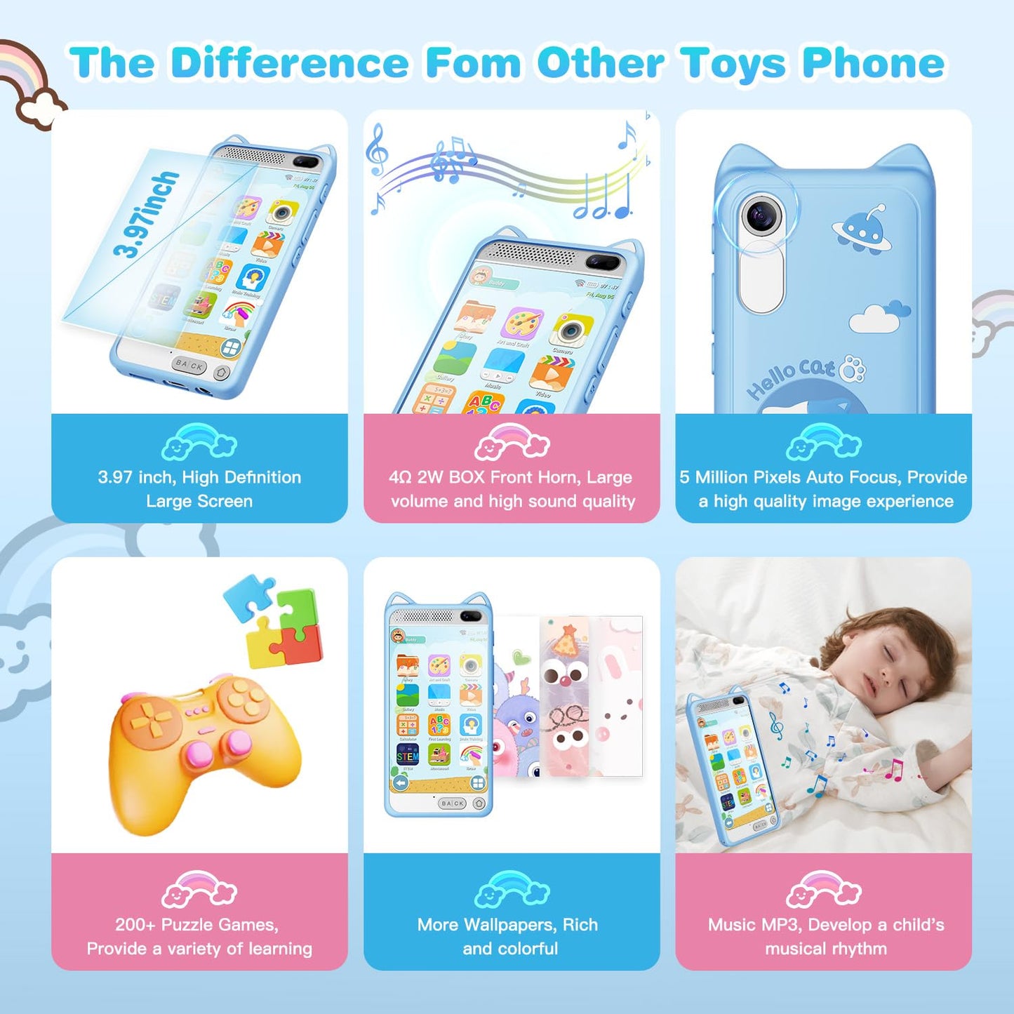 Kids Phone 3.97'' Touchscreen Toddler Smart Phone Learning Toys With Educational Games, 2000Ma High-Capacity Kids Cell Phone For
