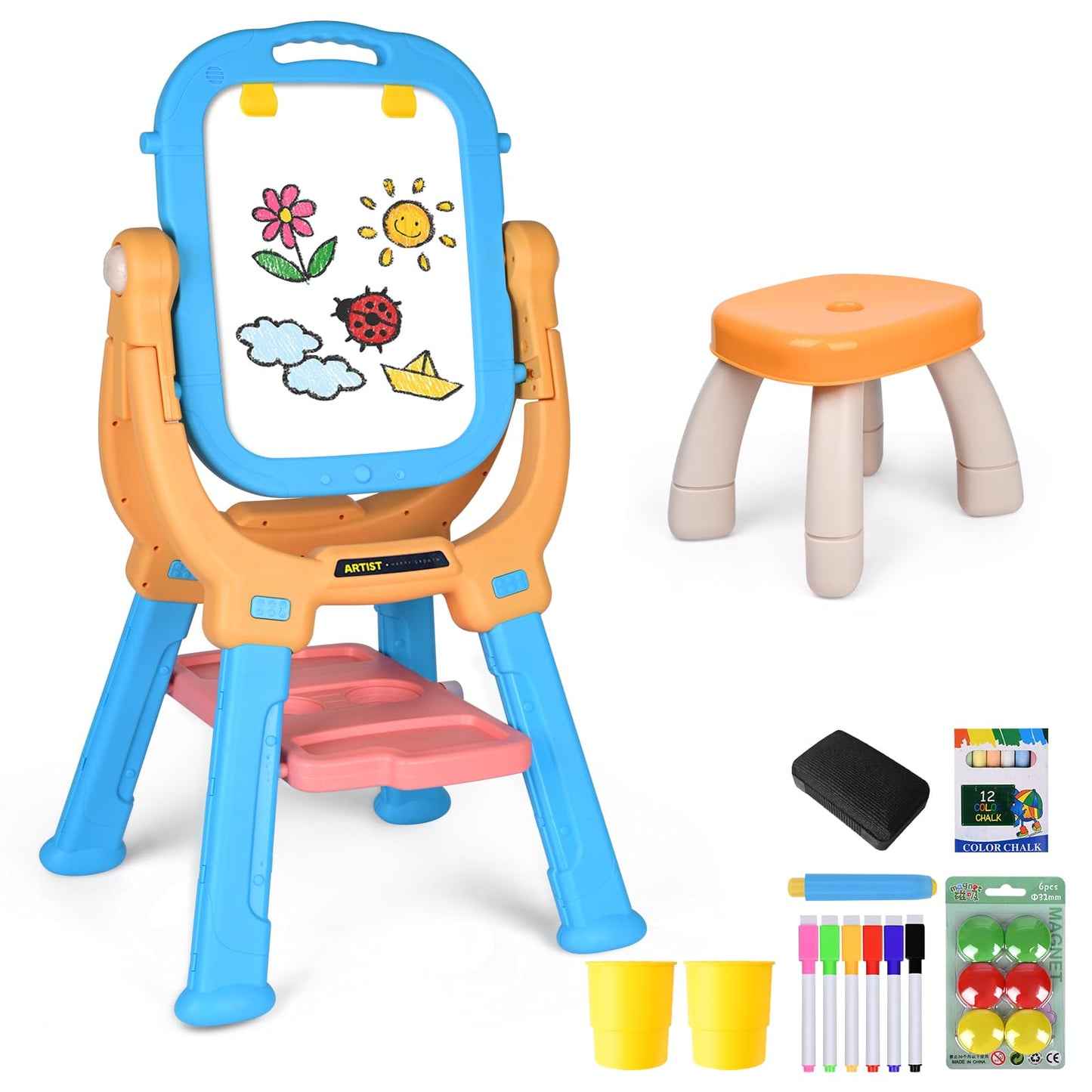 Breibowski Double-Sided 360Rotating Kids Easel and Toddler Art Easel, Equipped with A Little Bench and Painting Accessories, Chi