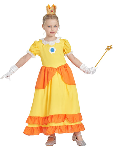 IKALI Princess Costume for Girls, Yellow Princess Dress Outfit With Accessories Crown, Wand and Gloves, Kids Toddlers Birthday F