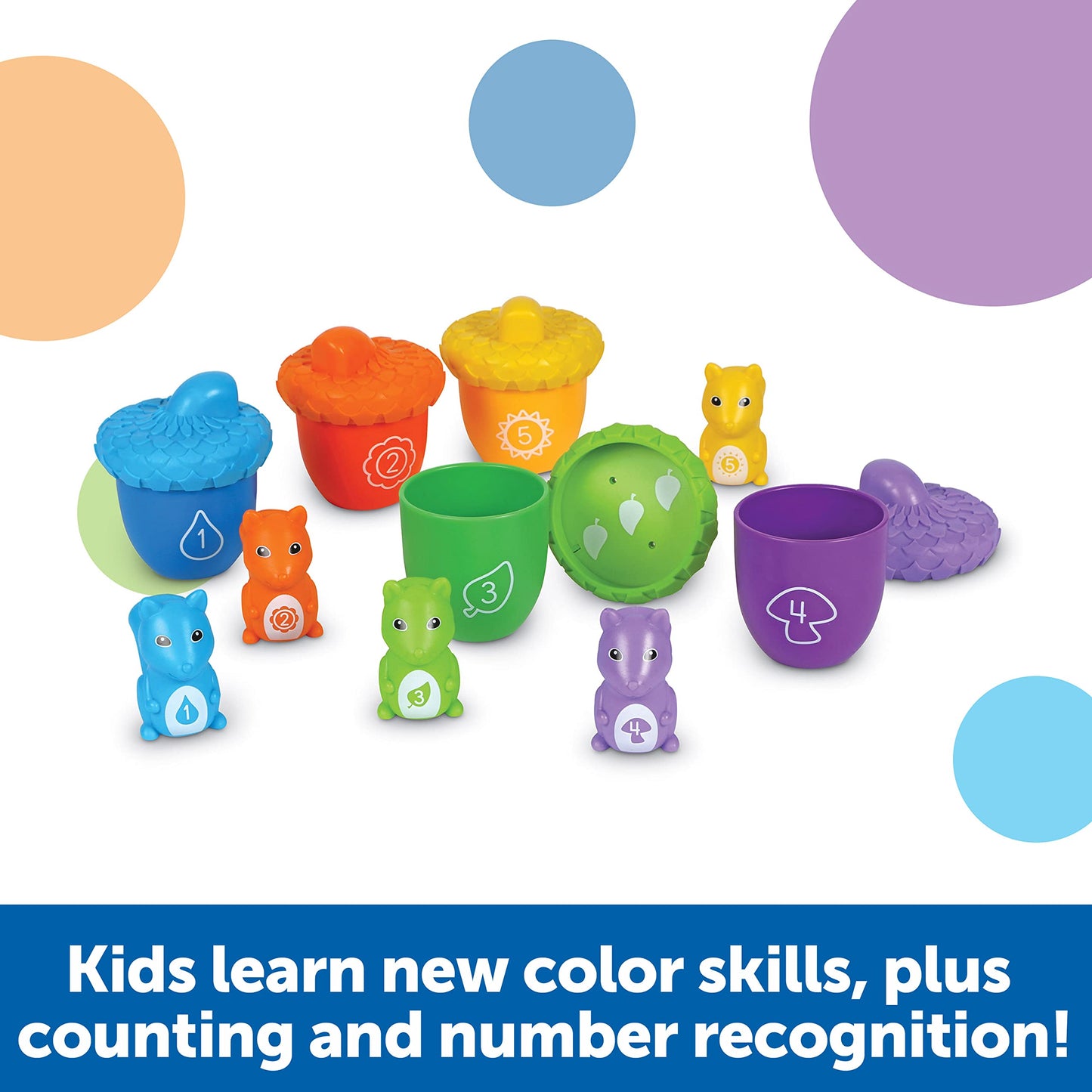 Learning Resources Snap-n-Learn Surprise Squirrels Toy Set - 5 Acorns & 5 Multicolor Squirrels - Small, Medium, Plastic