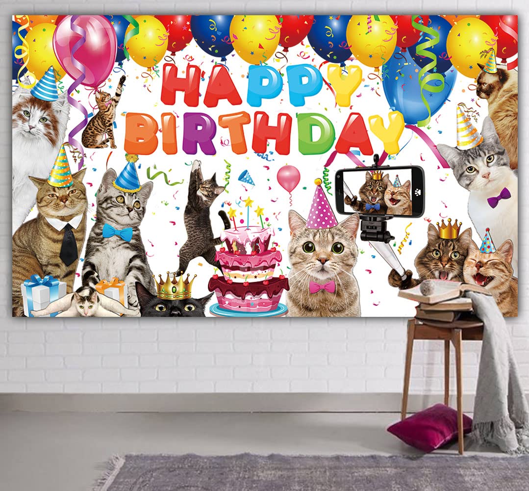 6 X 3.6Ft Cat Happy Birthday Backdrop Cat Birthday Sign Banner Kitties Birthday Party Supplies Decoration Pet Cat Paw Theme Birt