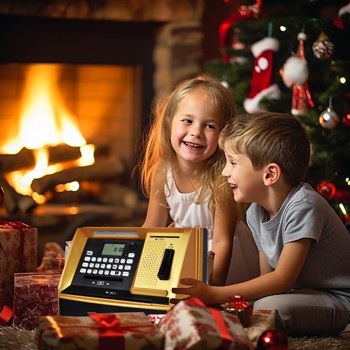 Atmbnk Interactive Atm Piggy Bank For Kids, Safe Money Saving Toy With Password Protection, Coin Recognition, Bill Insertion, For Boys And Girls Aged 5-12 (Golden)