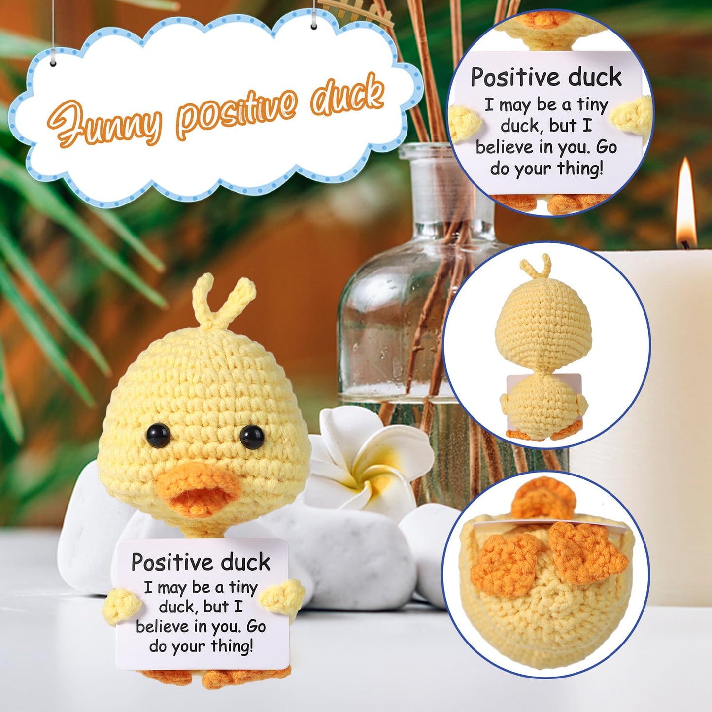 Boxob Mini Funny Positive Duck, 3.94'' Creative Wool Pocket Knitted Duck Toy Doll With Card Cute Crochet Tiny Positive Emotional