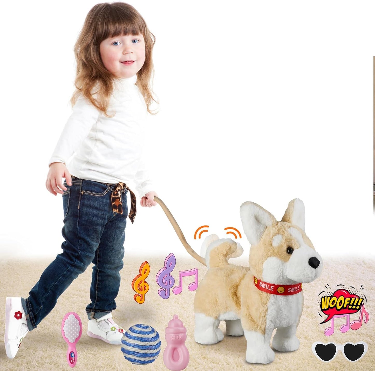 Hcdoujoy Corgi Walking Dog Barking Toy, Musical Singing Dancing Dog, Volume Control Interactive Puppy Walk Along With Leash, Wagging Tail Shaking Head, Electronic Dog Stuffed Animal Puppy For Kid