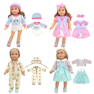 Dc-Beautiful 8 Pcs Dolls Clothes And Accessories For 18 Inch American Doll, Total 4 Complete Set Of Doll Clothing, Including Doll Outfit Dress Jumpsuit Hat Hairband