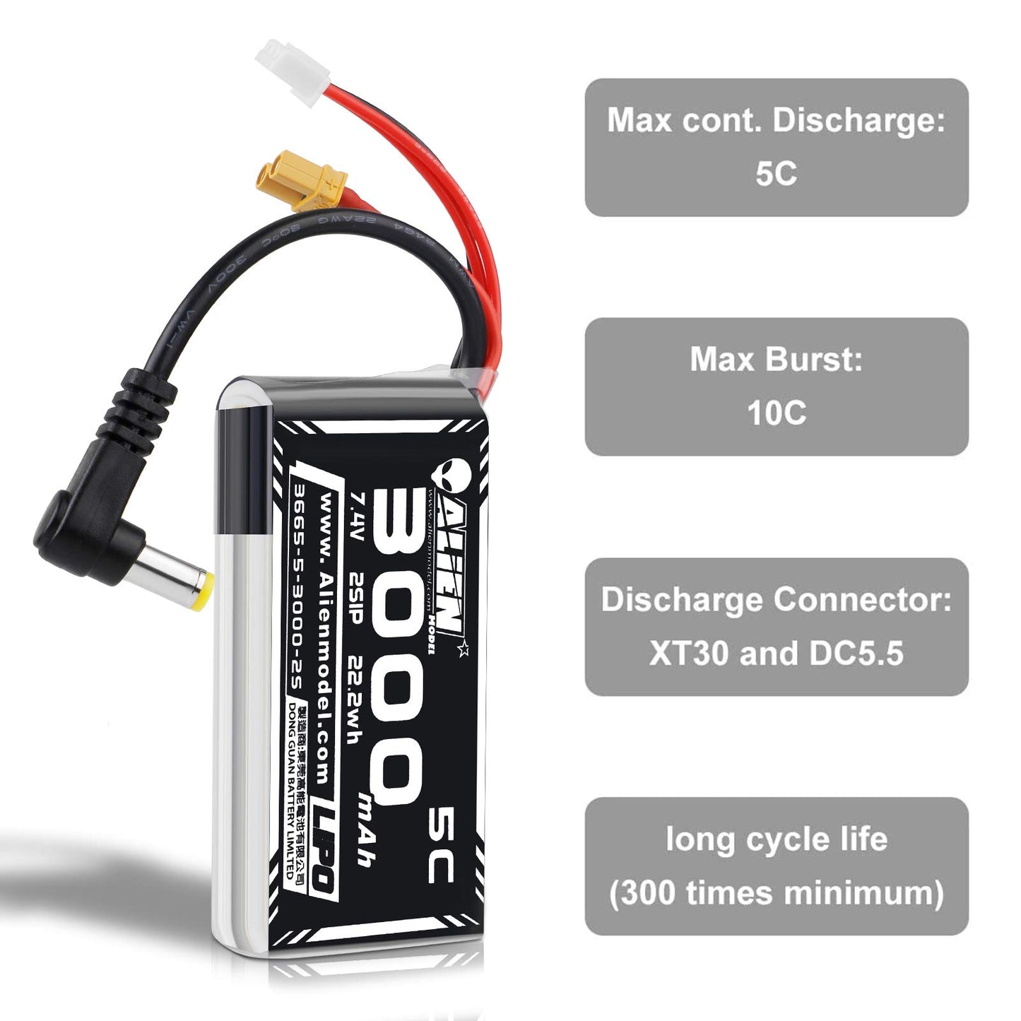 Crazepony 3000mAh 2S LiPo Battery Fatshark FPV Goggles Battery 7.4V with XT30/DC5.5 Plug for D JI HD Digital Goggles Skyzone 03O