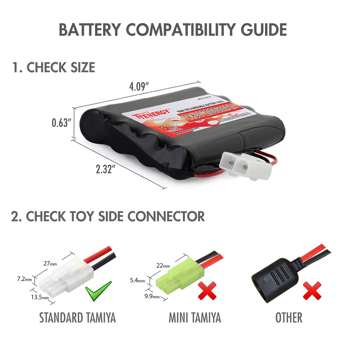 Tenergy 2Pack 9.6V Flat NiMH Battery Packs for RC Car, High Capacity 8-Cell 2000mAh Rechargeable Battery Pack, Replacement Hobby