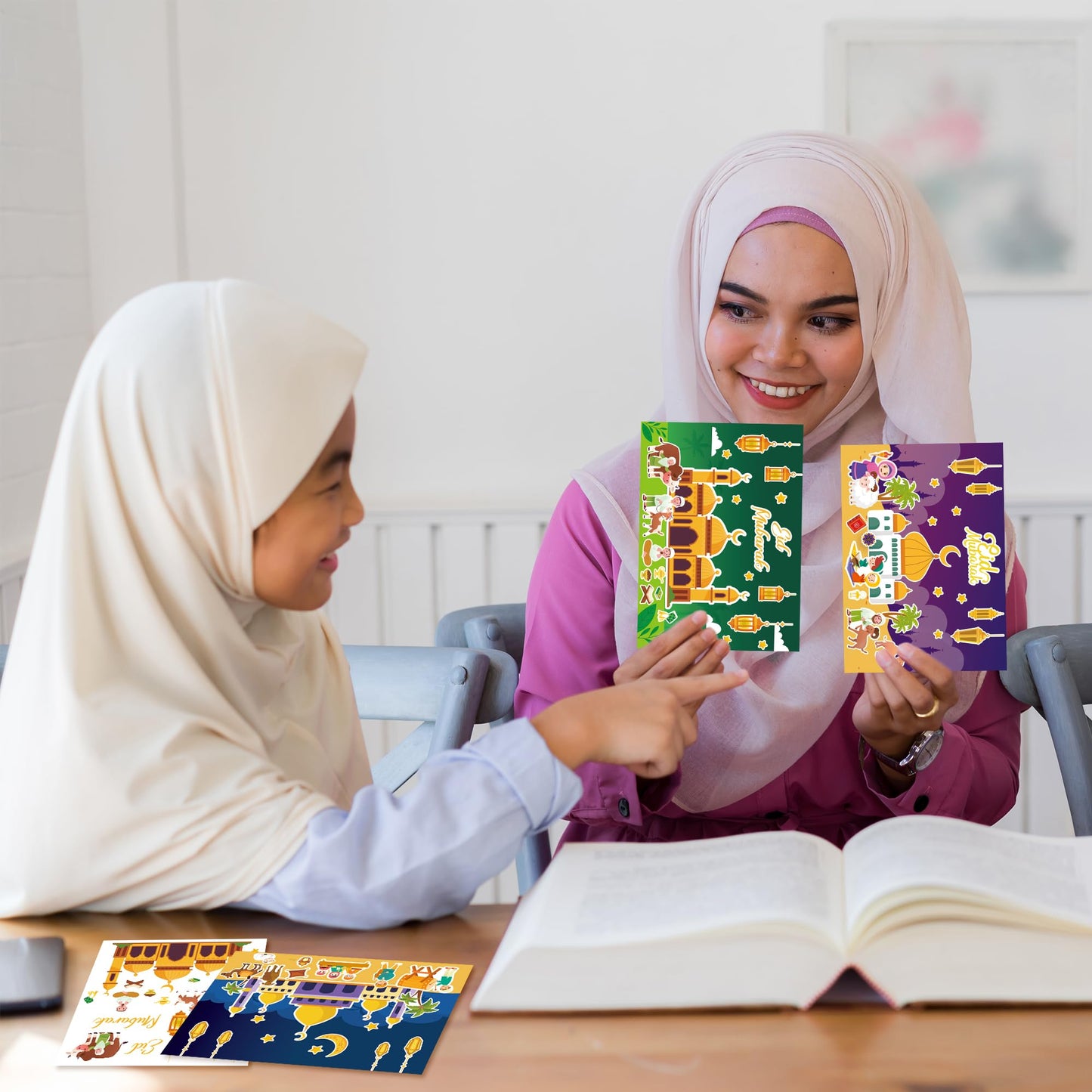 COcnny 48pcs Eid Mubarak Craft Kit, Mosque Scene Stickers for Kids, Make Your Own Ramadan Kareem Scene Decal, Religious Label DI
