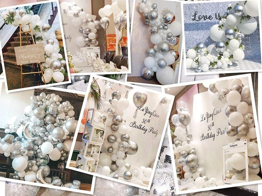 White And Silver Balloons Garland Arch Kit 5'10 Inch 12' White Silver Metallic Confetti Latex Balloons Arch Set For Christmas Winter Wonderland Birthday Baby Shower Wedding Party Winter Decor