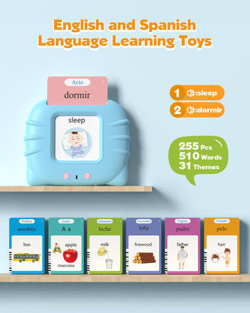 Bilingual Spanish And English Talking Flash Cards For 1-3, Pocket Speech Therapy Toys With 512 Words, Montessori Language Learni