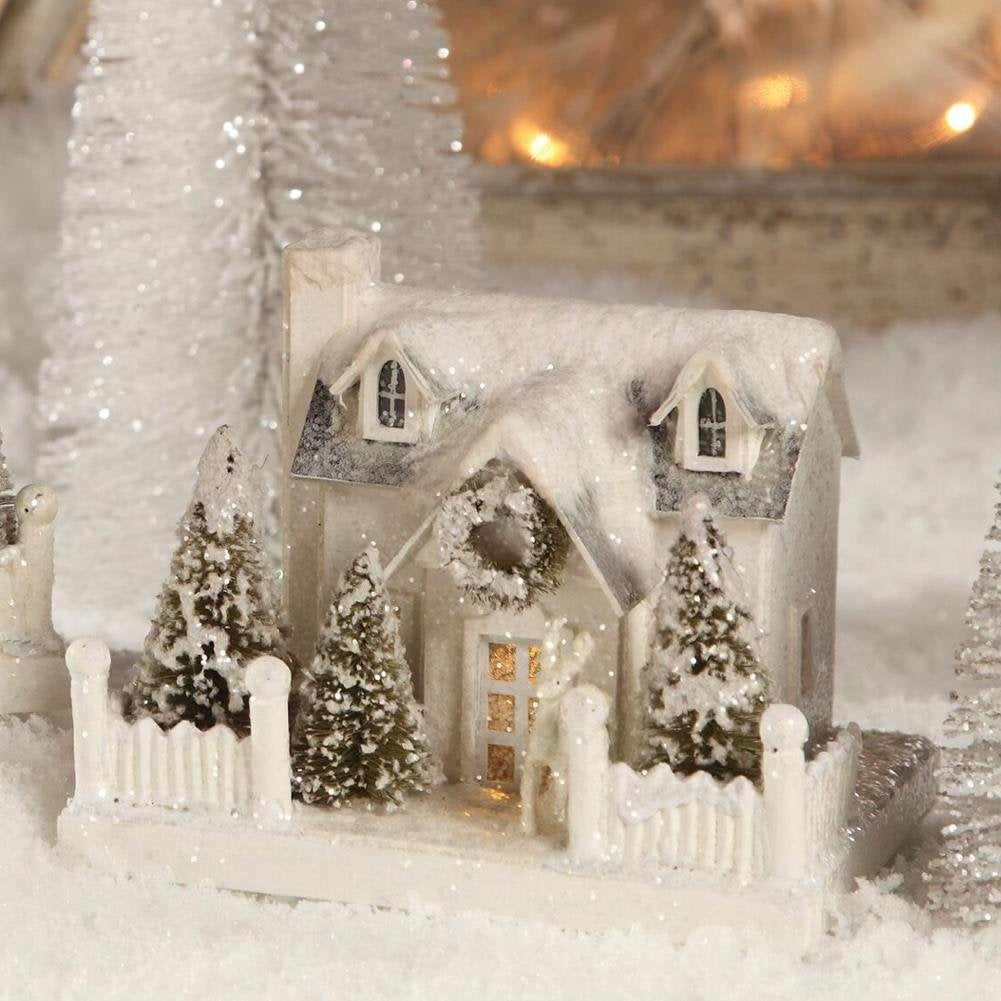 Bethany Lowe 6'' Wintery White Cape Cod Putz House With Deer Christmas Village Figure