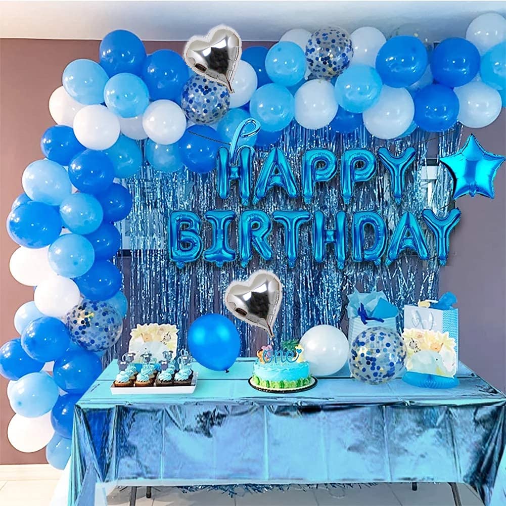 Morofme Blue Birthday Party Decorations Set With 38Pcs Balloons, Confetti, Foil Balloons, Fringe Curtains For Unisex Blue Themed Events