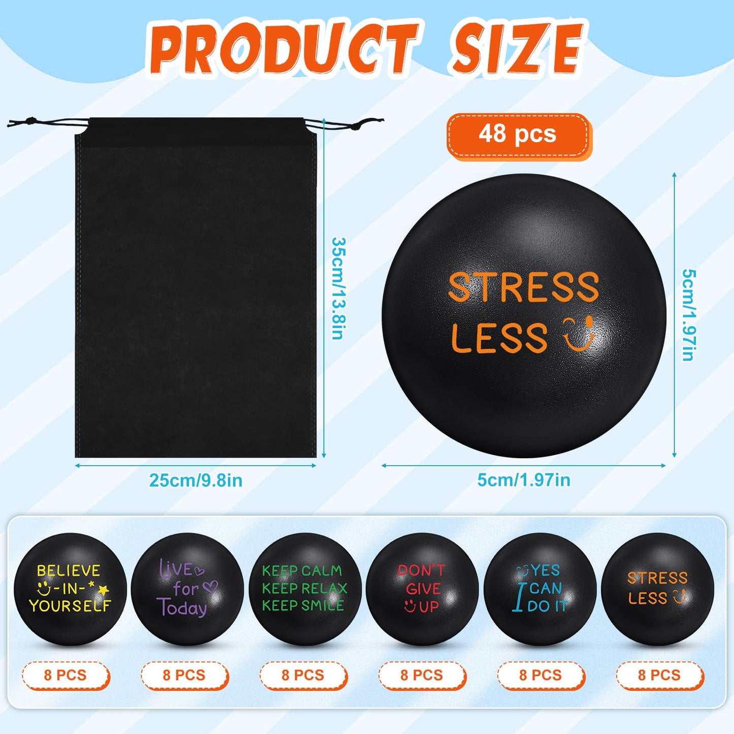 Glimin 48 Pcs Motivational Stress Balls Bulk 1.97 Inch Black Inspirational Quotes Stress Balls with Drawstring Bag to Relieve An