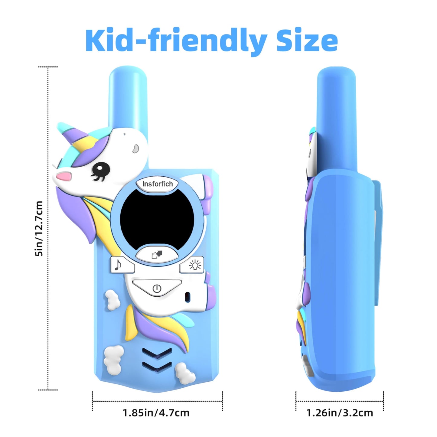 Insforfich Unicorn Walkie Talkies for Kids - 2 Way Radio Toy, 3 Channels, 2 Miles Range, Blue, Perfect Gift for Ages 3-9, Outdoor Fun