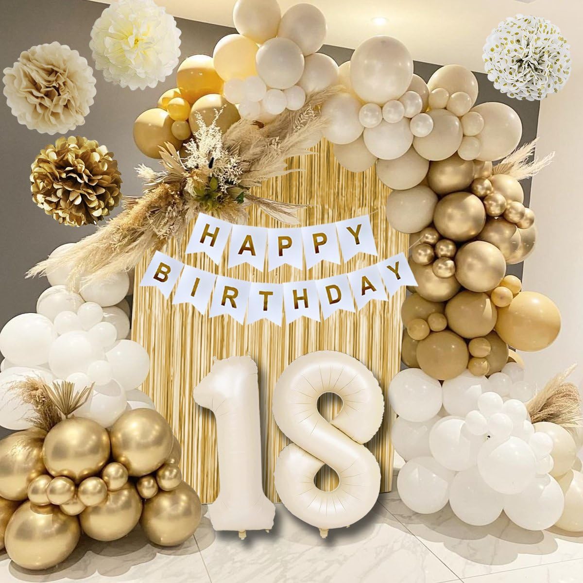 18Th Birthday Decorations For Girls, Gold Happy 18Th Birthday Decorations White And Gold Balloons Happy Birthday Banner Tableclo
