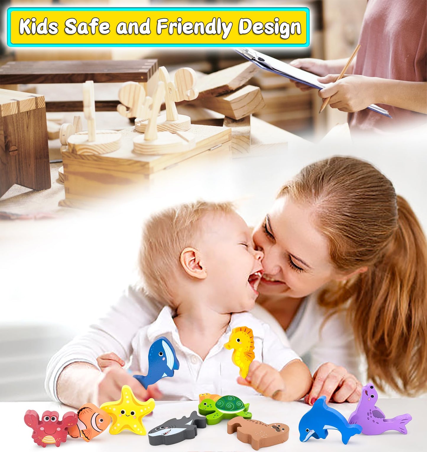 Wooden Animal Puzzles Toys For Toddlers,12 Pcs Sea Animals Figures,Animal Matching Sorting Stacking Toy For Boys Child Girls,Edu