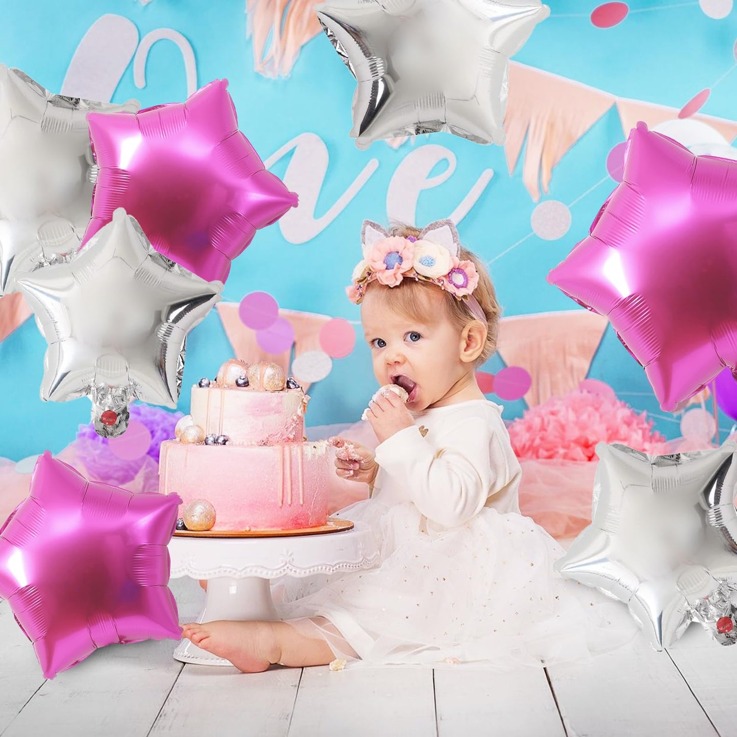 Hot Pink Star Balloons, 18 Inches Star Foil Balloons For Helium, 10 Pcs Rose Red And Silver Helium Birthday Balloons, Party Foil