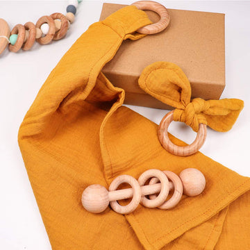 Baby Lovey, Wood Rattle, Teether Ring, 3 Pack Montessori Gift, Ginger, 100% Cotton, Double Gauze, Baby Girl Shower Gift
