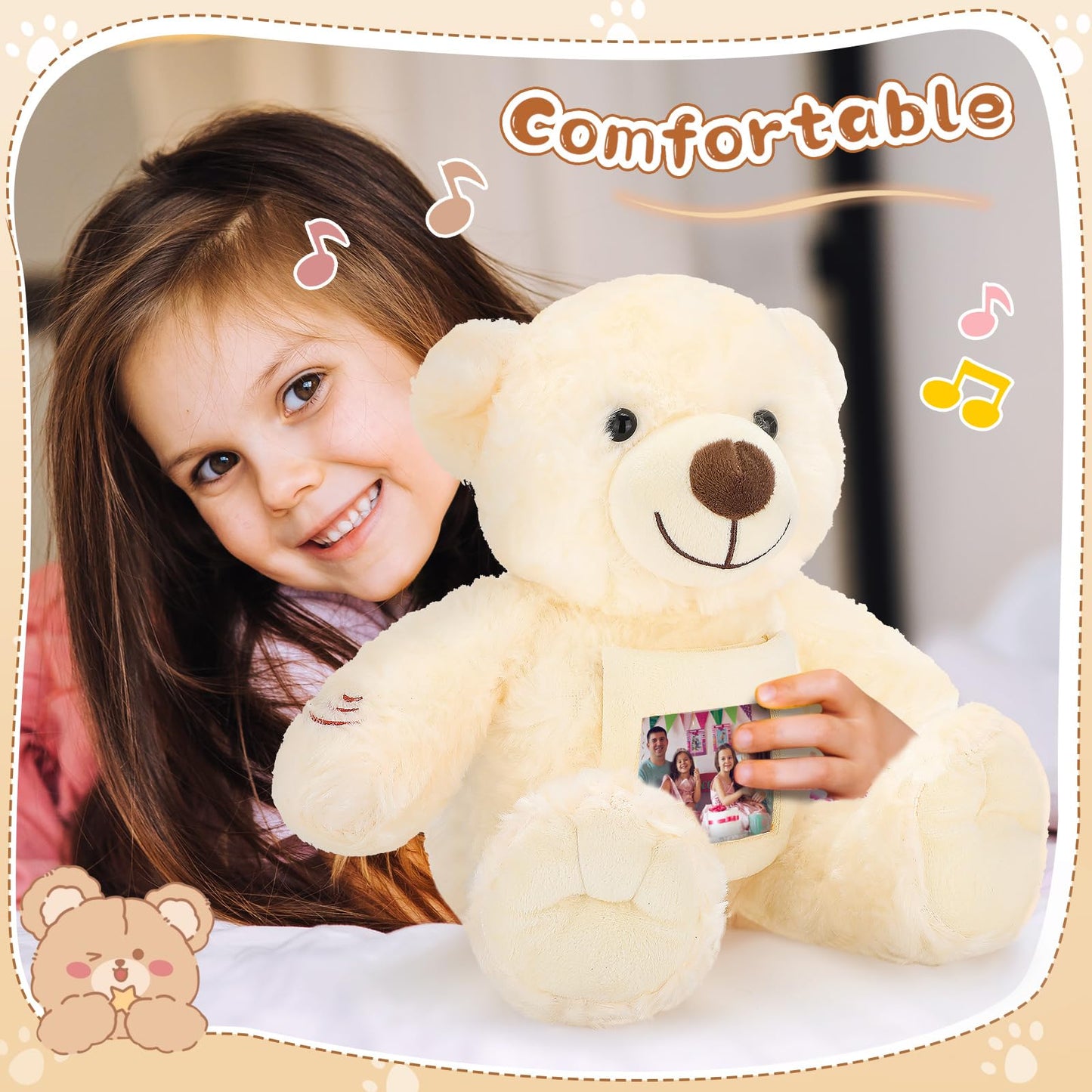 Leyndo Bear With Voice Recording Remembrance Stuffed Animal With Picture Recordable Messages Memorial Toy For Baby Shower Birthday Gift, Recording Gifts(Beige, 18 Inch)