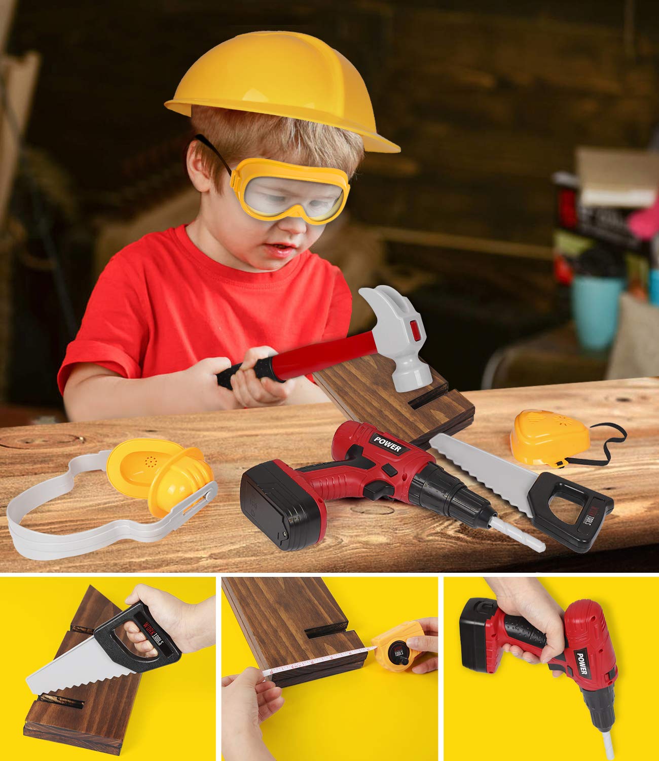 Kids Tool Set with Electric Toy Drill Chainsaw Jigsaw Toy Tools, Realistic Kids Power Construction Pretend Play Tools Set Toy ST