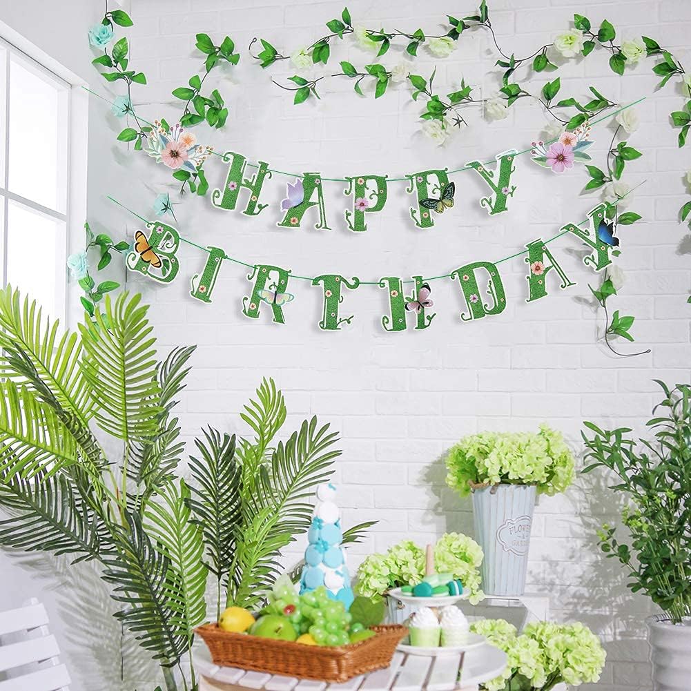 Sunbeauty Spring Happy Birthday Banner Green Spring Butterfly Flowers Banner Summer Spring Butterfly Birthday Party Decorations