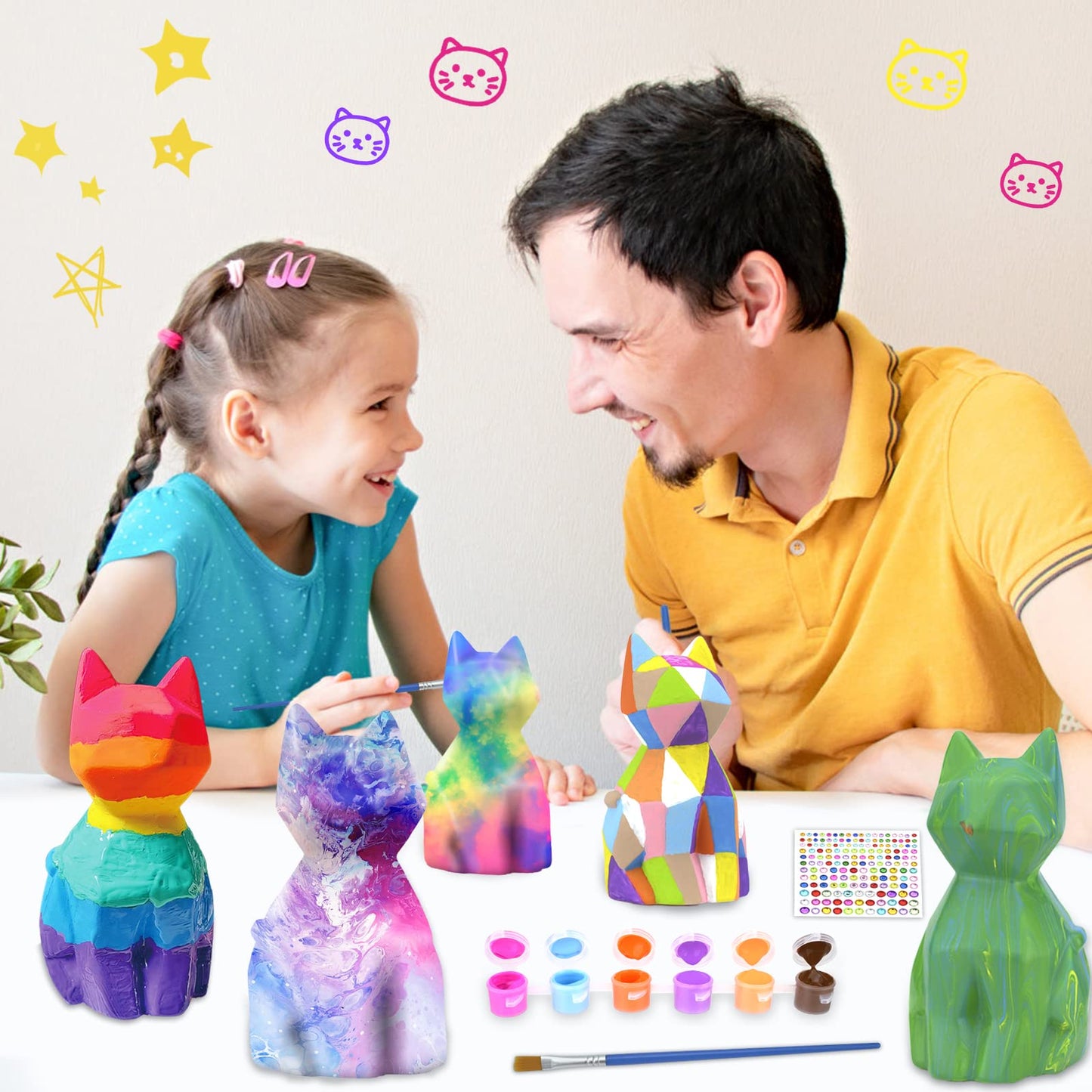 Hapmars Paint Your Own Cat Lamp Kit 2Pcs, Diy Geometric Cat Art Craft Painting Kits For Girls Boys Kid Age 4 5 6 7 8 9 10 11 12+