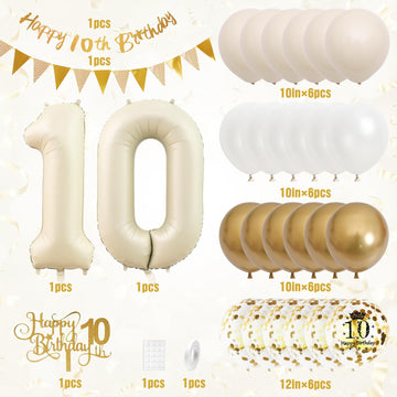 10Th Birthday Decorations Sand White Gold,10Th Birthday Balloons Beige Gold,Happy 10Th Birthday Banner With Cake Toppers Number