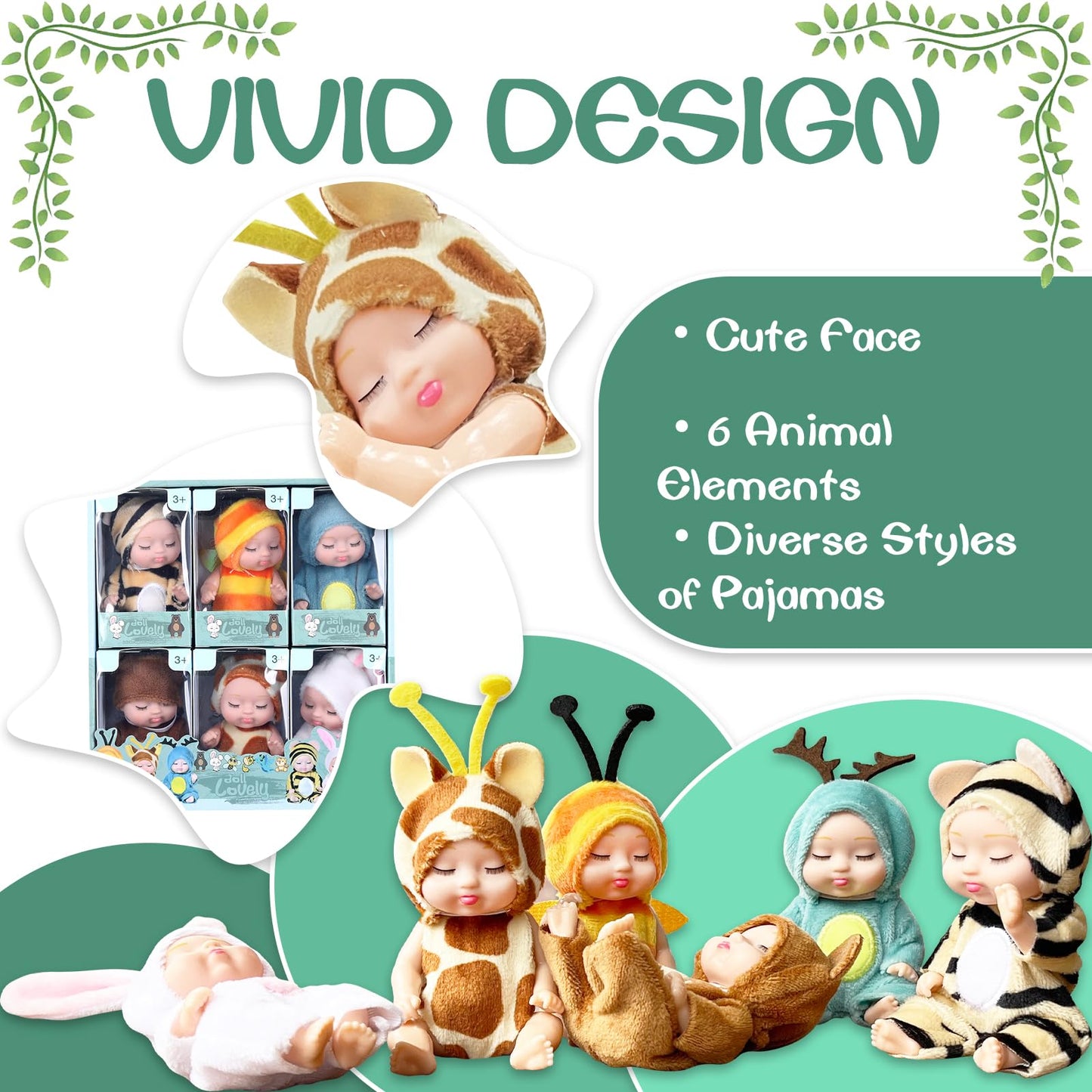 Woozettn 6 Pcs Mini Baby Dolls,4 Inch Realistic Small Baby Doll Toys With Animal Clothes,Cute Tiny Babies Gifts For Girls Kids Baby Shower Easter Basket Valentine