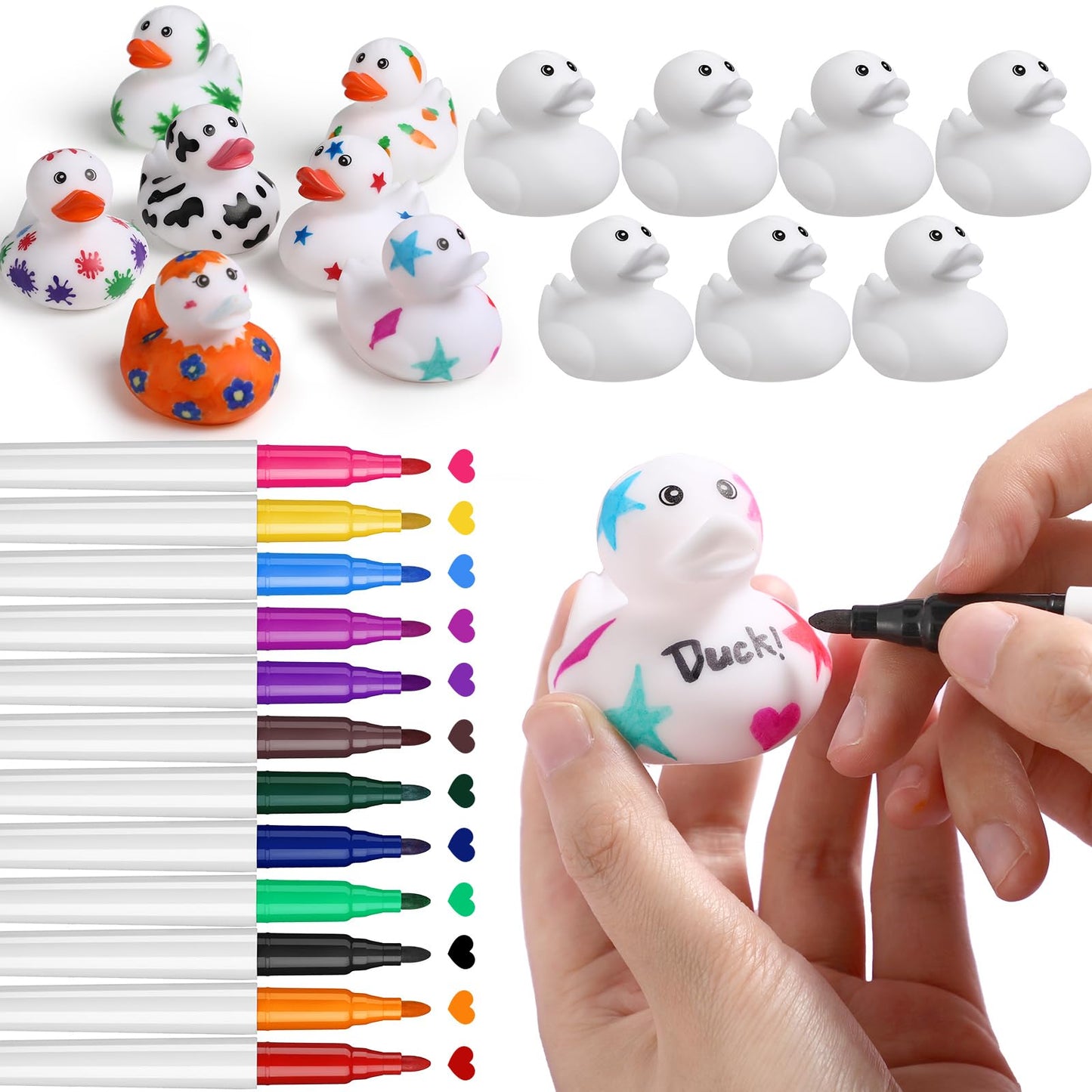 Jerify 24 Pcs 2 Inch White Blank Rubber Ducks Creative Rubber Ducks With Pens Of 12 Colors For Pool Bathtub Float Cute Valentine'S Day Diy Birthday Gifts Baby Party Favors For Kids
