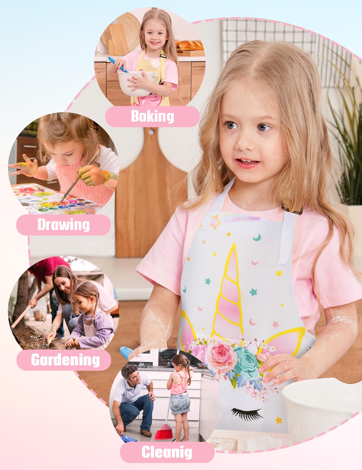 Wernnsai Rainbow Unicorn Toddler Aprons - Kids Aprons For Girls Toddler Paint Art Smock Waterproof Cooking Baking Painting Gardening Artist Chef Apron For Kids Age 2-5 Years