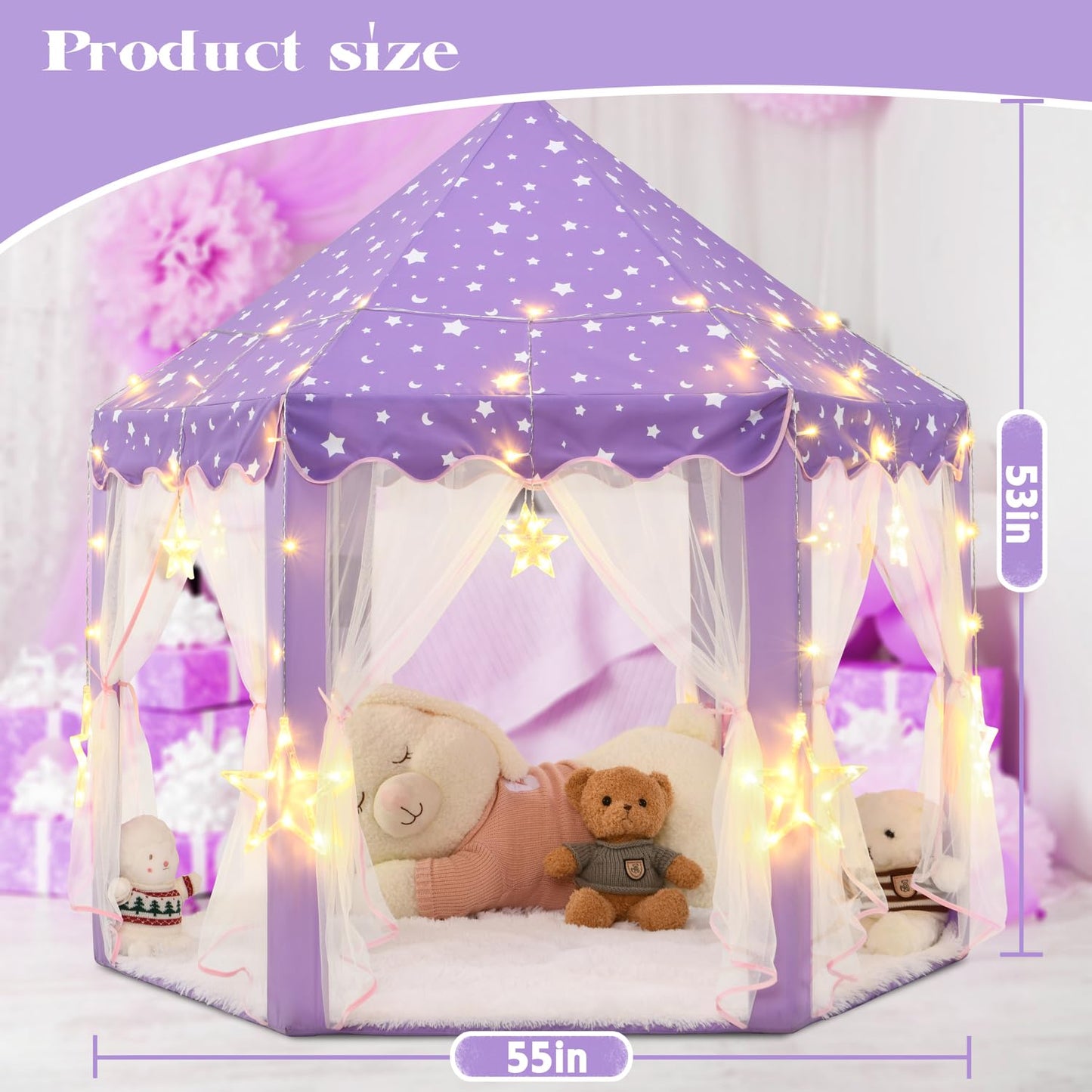 Kixinwa Purple Princess Tent For Girls, Kids Play Tent With Led Large Star Lights, Castle Playhouse Tent For Children Toddlers I