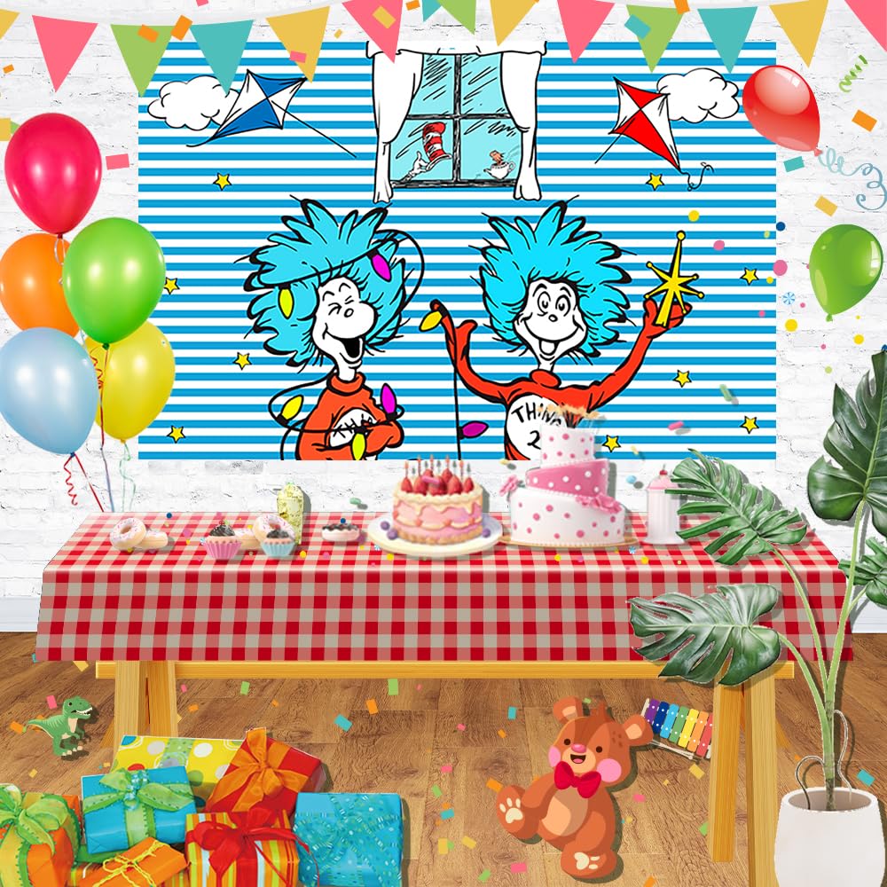 Blue Stripes Backdrop Party Supplies Birthday Theme Photo Background Cat in The Hat Banner for Birthday Party Caketable Decorati