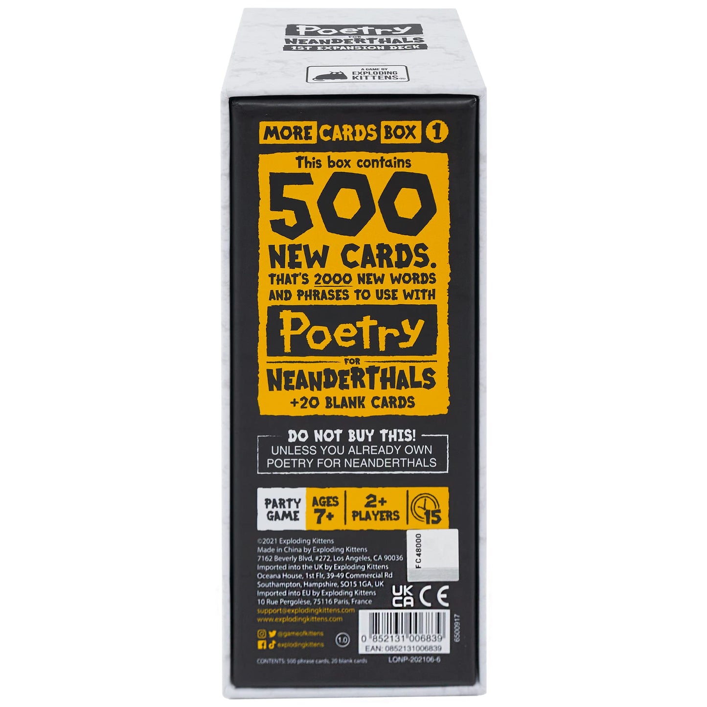Exploding Kittens Poetry for Neanderthals Expansion Pack - 500 Double-Sided Cards, Cardstock, Multicolor, Ages 7+