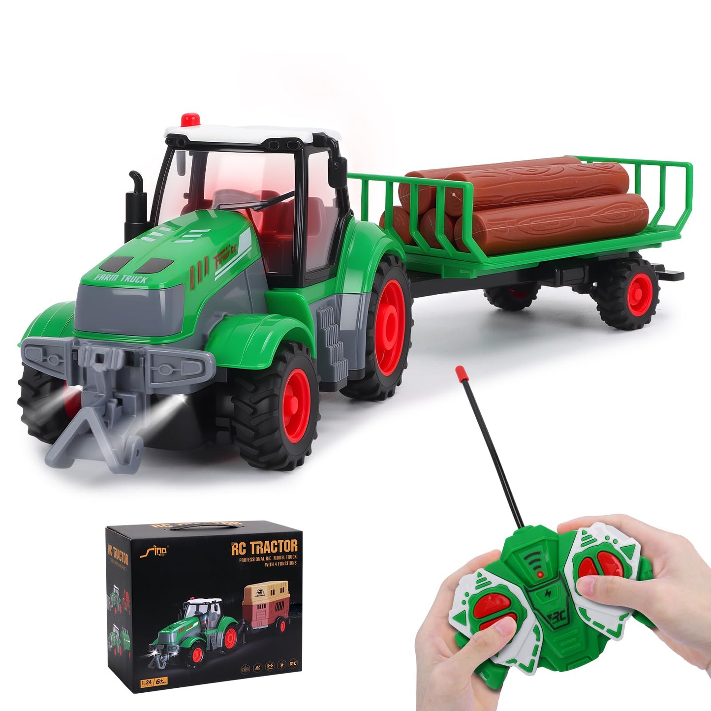 HuiJuKeJi Remote Control Tractor Toys, 1/24 Scale RC Truck with Realistic Wood Logs, Detachable Trailer & Light, Rechargeable Fa