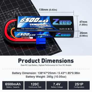 Zeee 2S Lipo Battery 6500mAh 7.4V 120C Hard Case RC Car Battery with EC5 Connector for RC Vehicles RC Truck Tank Truggy Boat Rac