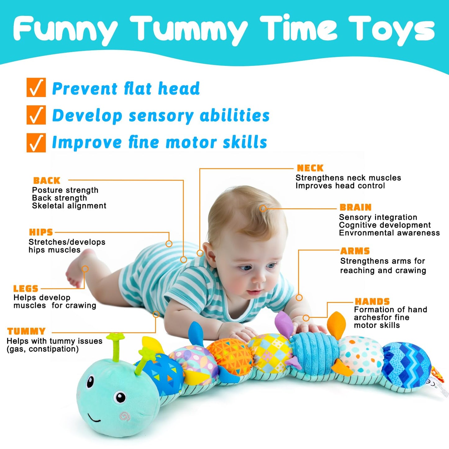 Baby Tummy Time Toy 0-6 Month Musical Stuffed Animal Plush Caterpillar Toy For Infant 6-12 Month Teething Sensory Toy With Crink