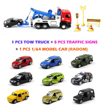 JOYINUS Toy Tow Truck Metal Diecast Truck with Car Pull Back Miniature Toy Trucks with Sound and Light for Boys(with 5 Pcs Traff