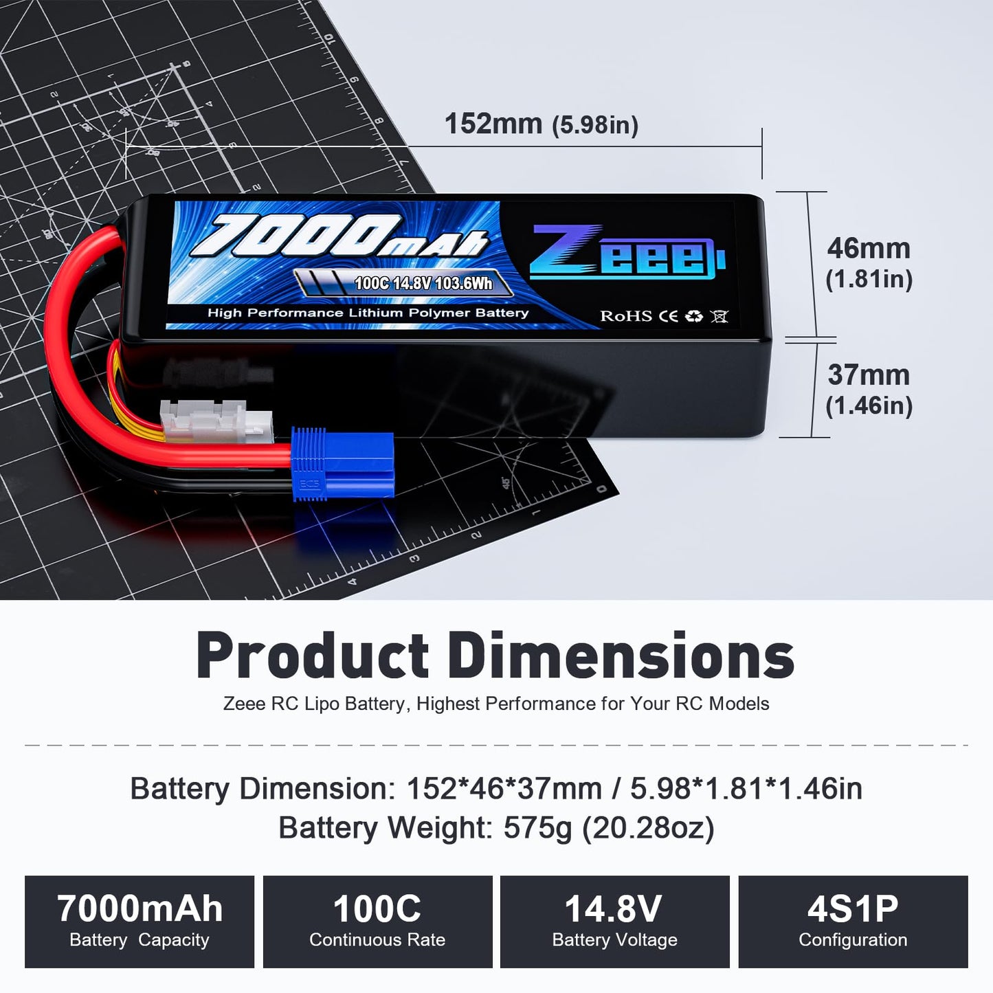 Zeee 4S Lipo Battery 7000Mah 14.8V 100C Soft Case Rc Battery With Ec5 Connector Compatible For X-Maxx Rc Truck Tank Rc Car Racin