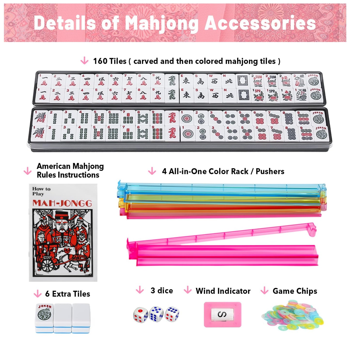 Kyerlish American Mahjong Tile Set with Pink Printed Carrying Bag 166 enhanced Tiles 4 All-in-One Color Racks/Pushers Mah Jongg Sets Mahjong Game Set for Travel Christmas Birthday Gifts