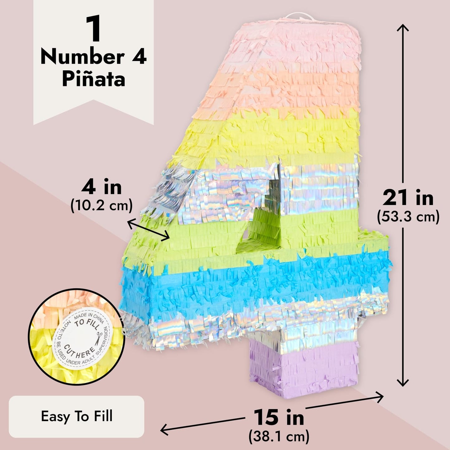 Blue Panda Large Number 4 Pinata For 4Th Birthday Party Decorations, Rainbow Pastel (21 X 15 X 4 In)