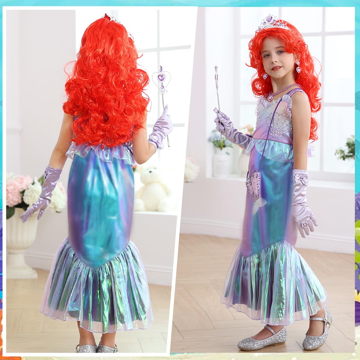 Luzlen Litttle Mermaid Costume Girls Princess Ariel Dress Up Purple Outfit With Wig For Birthday Halloween Cosplay Party, 2-3T(Tag 100)