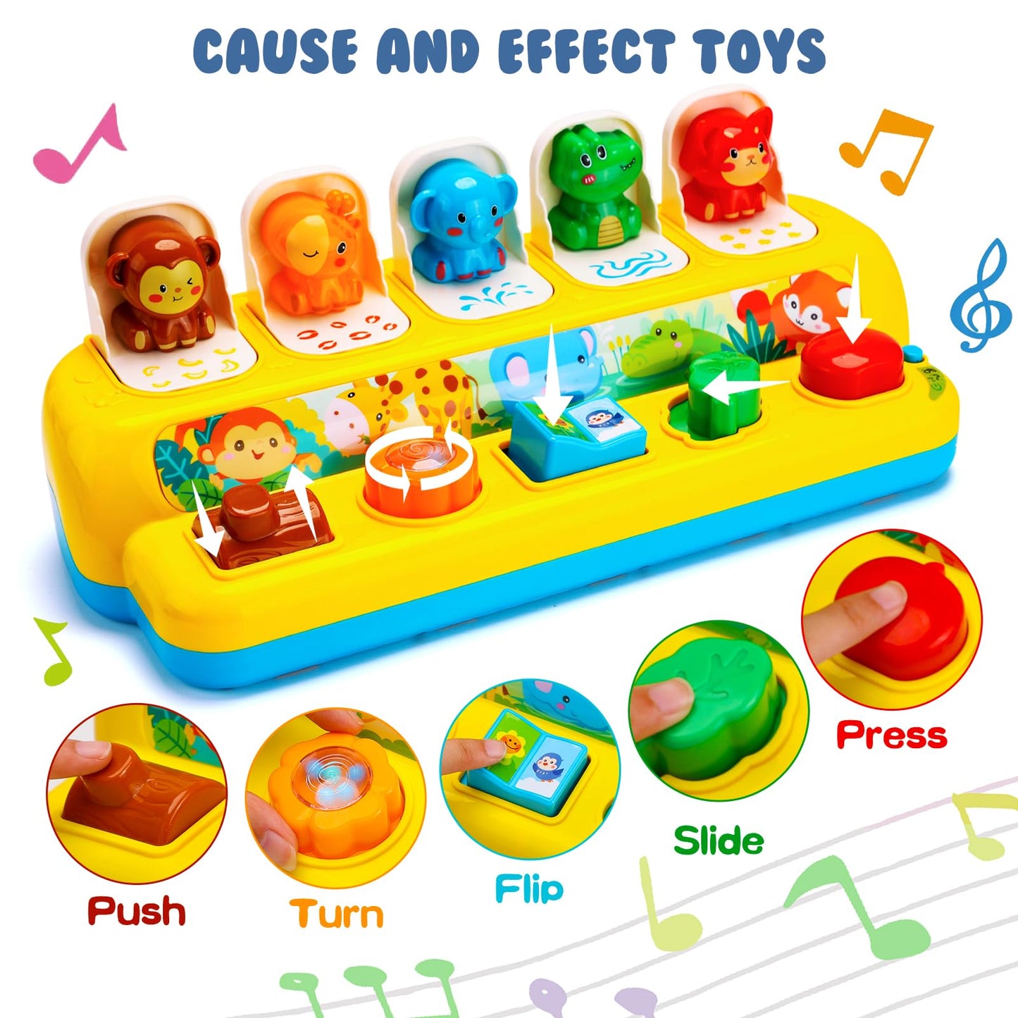 Interactive Pop Up Animal Toys With Music & Light, Montessori Cause And Effect Toys For 1 Year Old Boy Girl Early Learning Musical Baby Toys 9-12-18 Months Stem Toddler Toys Age 1-2 Gift For Infant