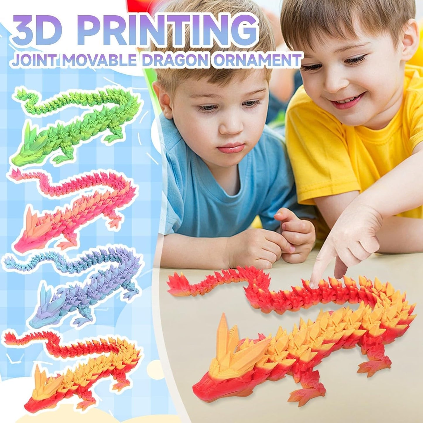 Mayical 4Pcs 12'' 3D Printed Dragons - 3D Printed Animals For Flexible Articulated Crystal Dragons, Perfect Children'S Day Gifts