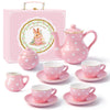 TUZT Porcelain Tea Party Set for Little Girls Kids Toddlers, 13Pcs Pink Heart Ceramic Tea Set - Tea Pot Cups & Saucers & Carryin