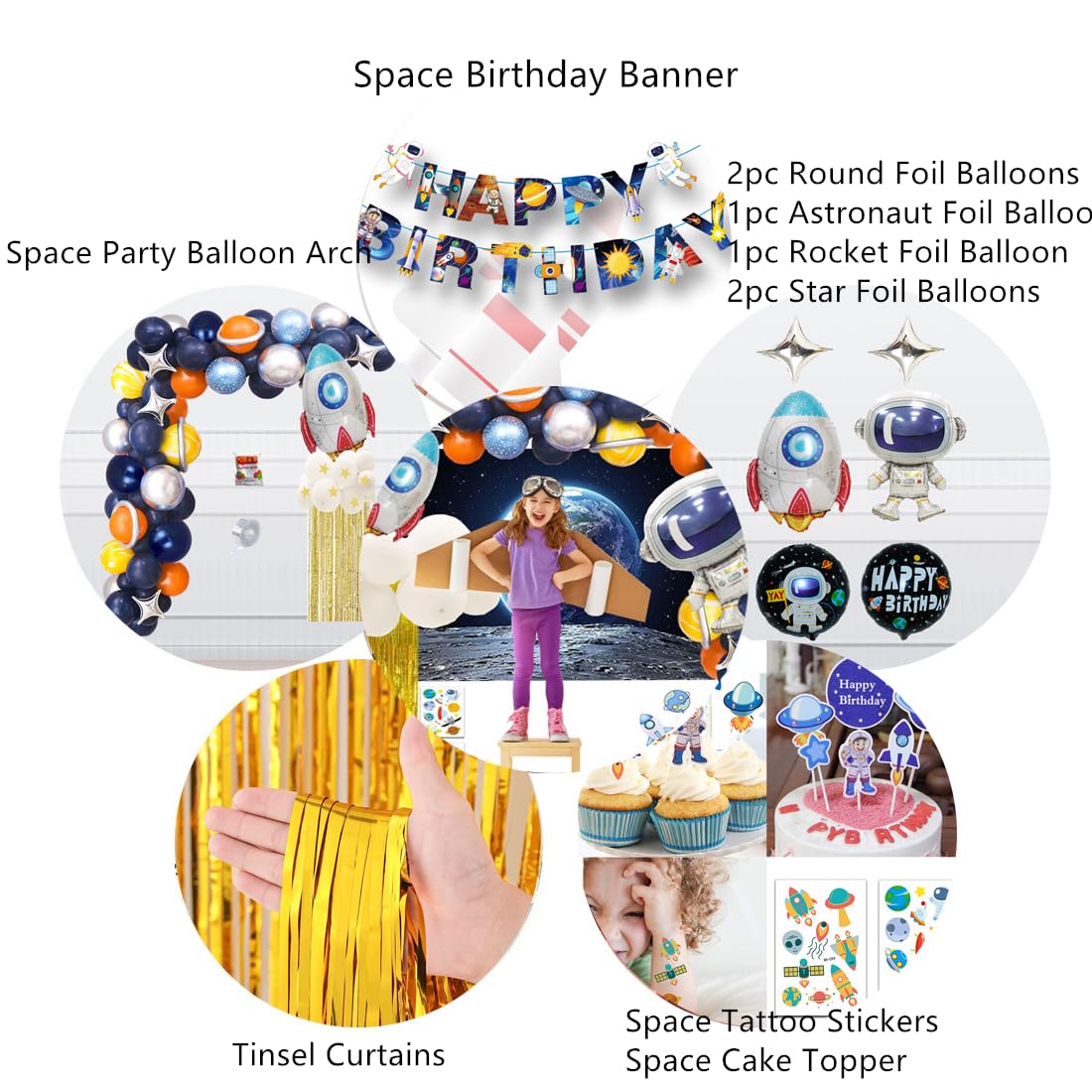 Outer Space Theme Birthday Party Decorations Happy Birthday Banner Balloons Tattoo Stickers Cake Toppers For Birthday Party, Boy