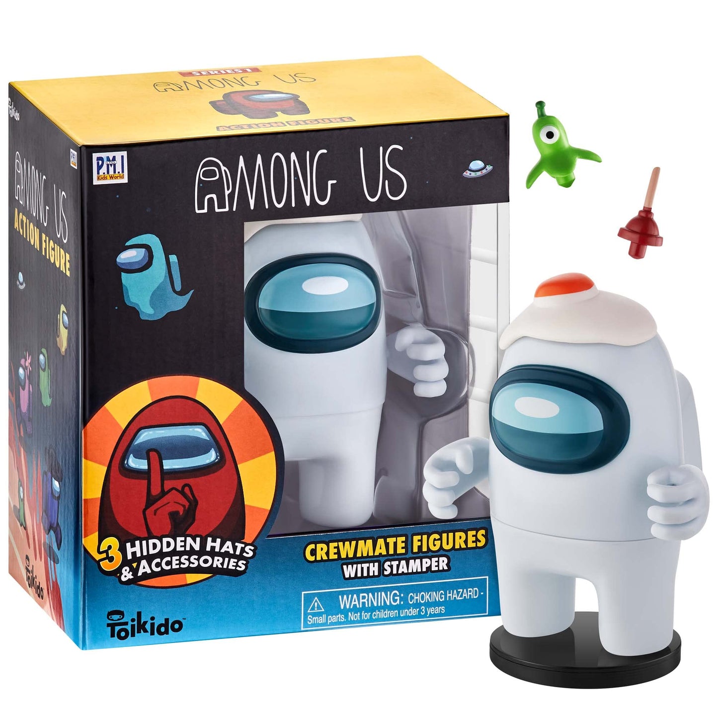P.M.I. Among Us Crewmate Figure With Stamper | 4.5-Inch-Tall Among Us Toy + 3 Hidden Accessories| Among Us Party Favors And Playable Collectibles | Crewmate In The Egg Hat